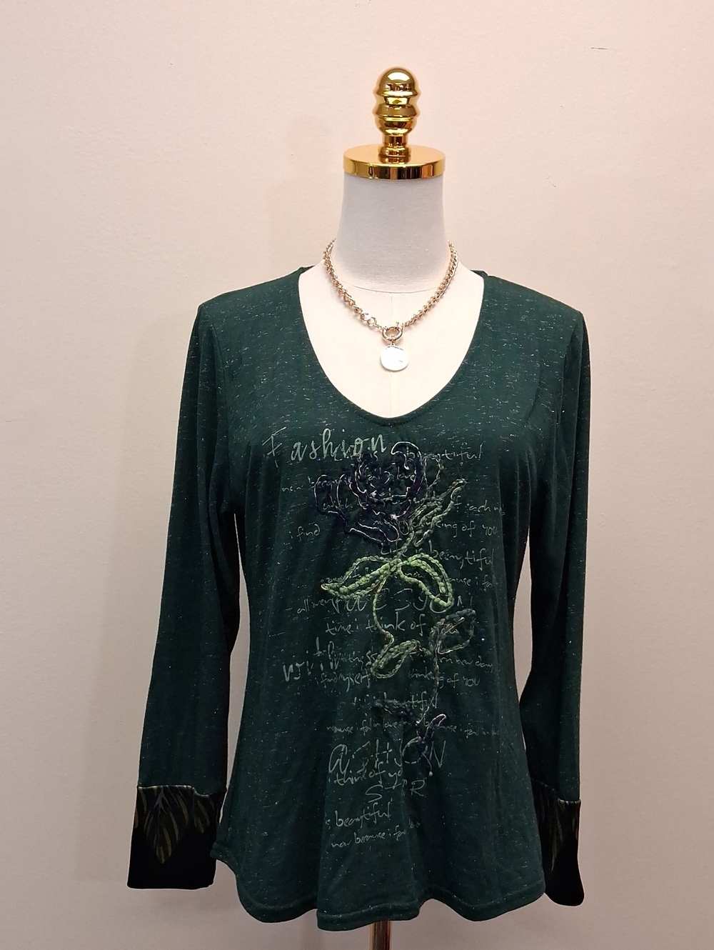 Vango Paris Forest Green Embroidered V Neck Long Sleeve Top Size 4